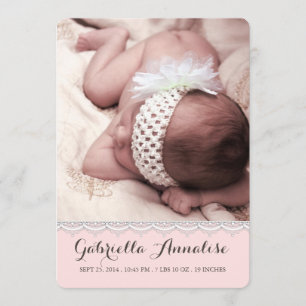 Süße Spitze-Baby-Mädchen-Foto-Geburts-Mitteilung Ankündigung