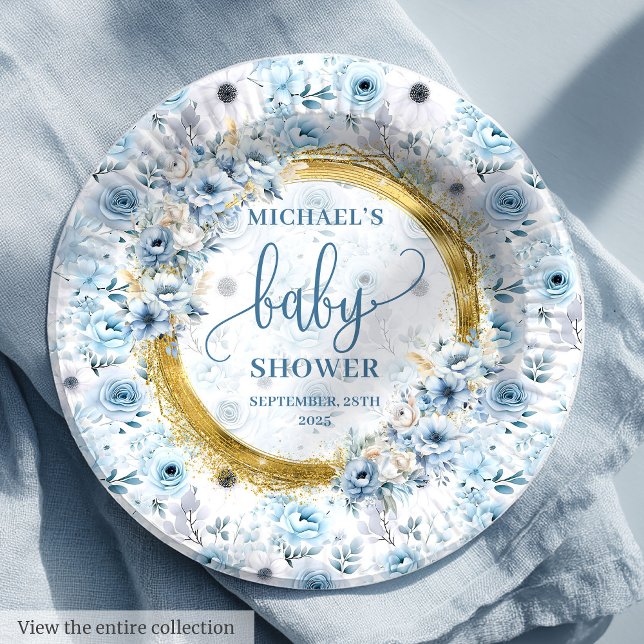 Süße staubblaue Blumen Golddusche personalisiert Pappteller (Sweet dusty blue flowers gold personalized shower Paper Plates)