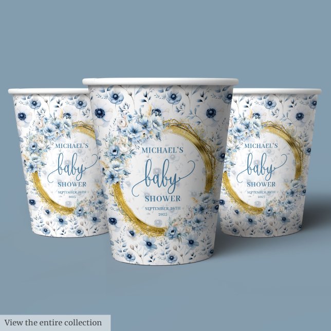 Süße staubblaue Blüten Goldbaby-Dusche Pappbecher (Sweet dusty blue flowers gold baby shower custom Paper Cups)