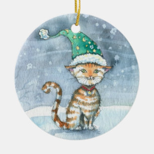 Süße Tabby-Katze in Weihnachtshut-Ornament Keramikornament