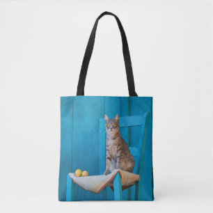 Süße Tabby-Katze Kätzchen auf einem blauen Stuhl F Tasche