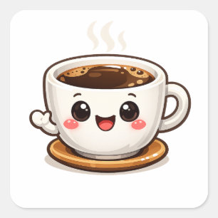 Süße Tasse Charakter   Glücklicher Kaffeeliebhaber Quadratischer Aufkleber