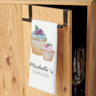 Süße Tassen-Cupcakes und Früchte Aquarell Geschirrtuch