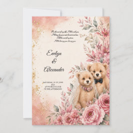 Süße Teddybär-Braut und Bräutigam Rosa Blumen Einladung