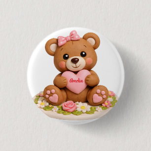 Süße Teddybär-Figur mit Namensherz Button