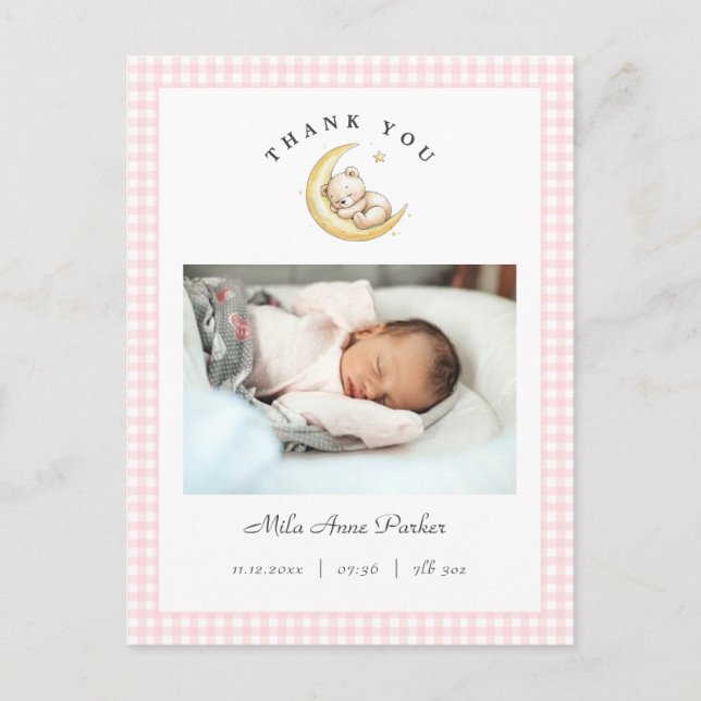 Süße Teddybär-Gingham-Girl-Geburtsanzeige Postkarte (Vorderseite)