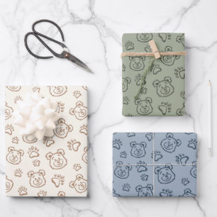 Süße Teddybär-Pfoten Moderne Boho Jungen Baby Kind Geschenkpapier Set