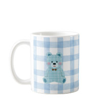 Süße Teddybär-Tasse | Blau karierter Kawaii-Becher