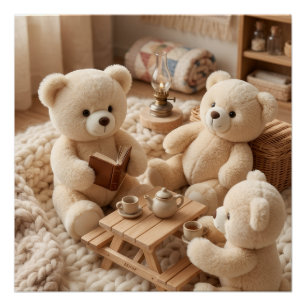 Süße Teddybären spielen im kuscheligen Zimmer mit Poster