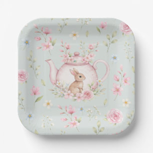 Süße Teekanne Hase Rosa Blumen Frühling Pappteller