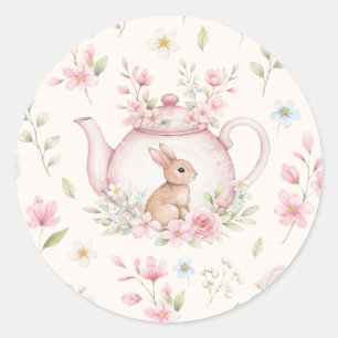 Süße Teekanne mit Häschen Rosa Blumen Frühling Runder Aufkleber