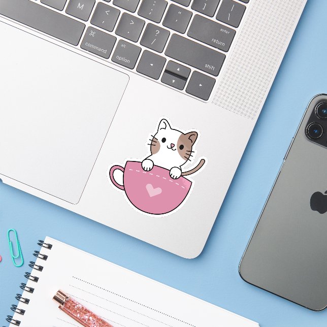 Süße Teetassen-Katze Aufkleber (Laptop mit iPhone)