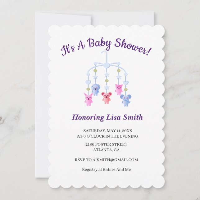 Süße Tier Baby Mobile Baby Dusche Einladung (Vorderseite)