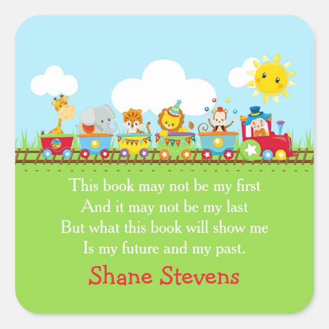 Süße Tier Circus Zug in Rotes Buchzeichen Aufklebe Quadratischer Aufkleber (Vorderseite)