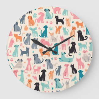 Süße Tier-Designs Nahtlose Hunde- und Katzenmuster Große Wanduhr