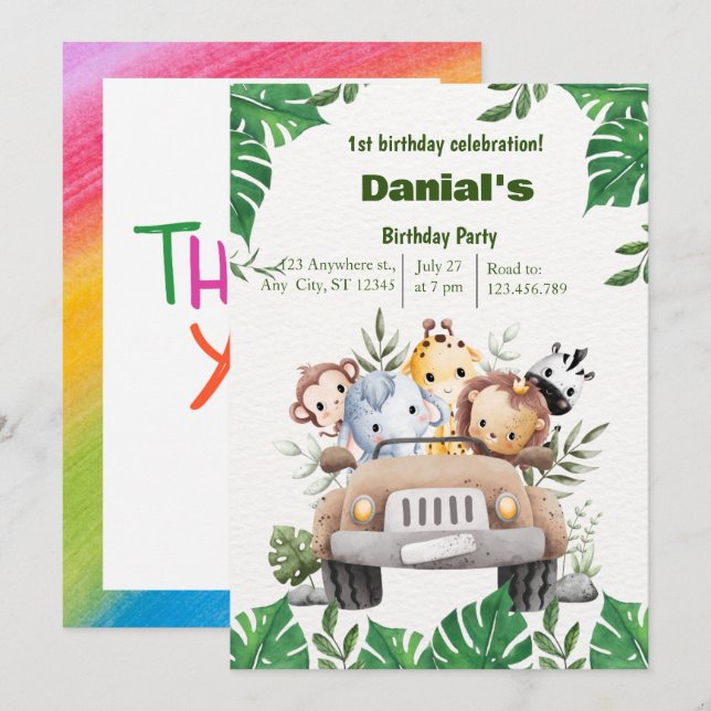 Süße Tier Einladung zum 1. Geburtstag (Vorne/Hinten)
