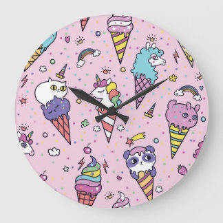 Süße Tier Ice Creme Cones Große Wanduhr