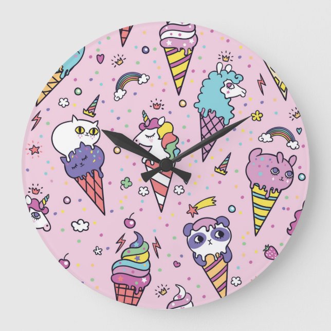 Süße Tier Ice Creme Cones Große Wanduhr (Vorderseite)
