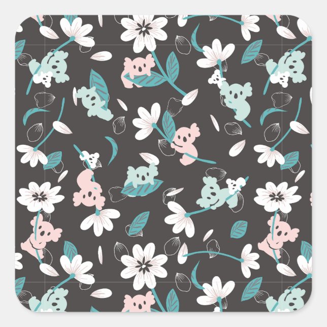 Süße Tier mit farbenfrohen Koala-Mustern und Blume Quadratischer Aufkleber (Vorderseite)