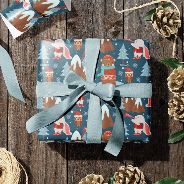 Süße Tier Muster mit Name Blue Christmas Geschenkpapier (Von Creator hochgeladen)