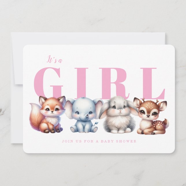 Süße Tier Pink Girl Babydusche Einladung (Vorderseite)