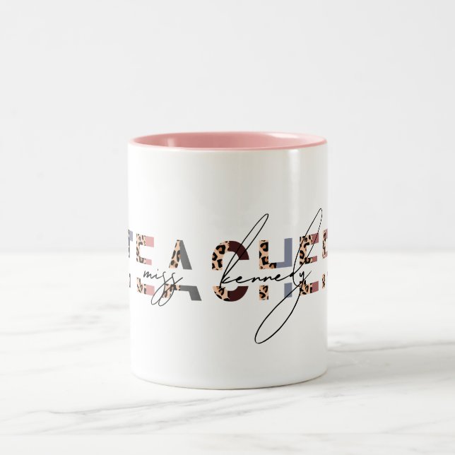 Süße Tier Print & Pink Teacher Name Kaffee Tasse (Mittel)