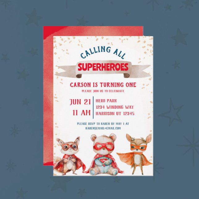 Süße Tier Superhero Erster Geburtstag Einladung (Von Creator hochgeladen)