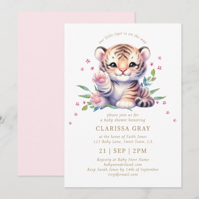Süße Tier Tiger Stars Blush Pink Babydusche Einladung (Vorne/Hinten)