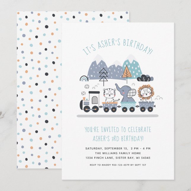Süße Tier Train Geburtstagsparty Einladung (Vorne/Hinten)
