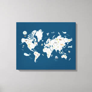 Süße Tier World Map Leinwanddruck