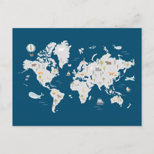 Süße Tier World Map Postkarte