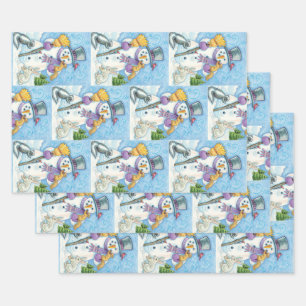 Süße Tiere bauen einen Schneemann für Weihnachten Geschenkpapier Set