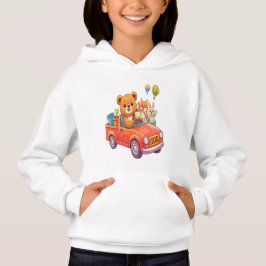 Süße Tiere in einem roten Lastwagen: Bär, Fuchs un Hoodie