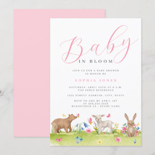 Süße Tiere Mädchen Baby in Blüte Baby Shower Einladung
