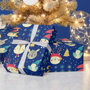 Süße Tiere Weihnachtsbäume Blau Weihnachten Geschenkpapier