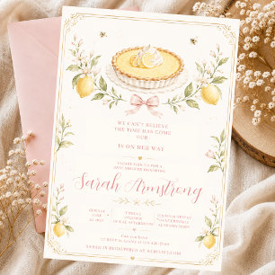 Süße-Torte-Zitrone-Rosa-Schleife-Zitrus-Grün-Blume Einladung