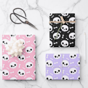 Süße Totenkopf- und Knochen-Halloween-Muster Geschenkpapier Set