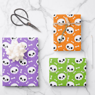Süße Totenkopf- und Knochen-Halloween-Muster Geschenkpapier Set