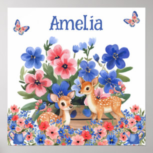 Süße Träume Florale Rentiere & Vögel Name des Kind Poster