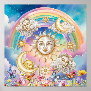 Süße Träume Florale Sonne, Sterne & Mond Poster