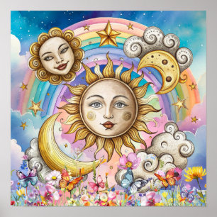 Süße Träume Florale Sonne, Sterne & Mond Poster