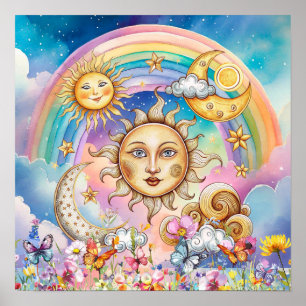 Süße Träume Florale Sonne, Sterne & Mond Poster