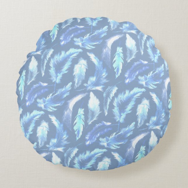 süße Träume - hellblaue Aquarellfedern: Rundes Kissen (Vorderseite)