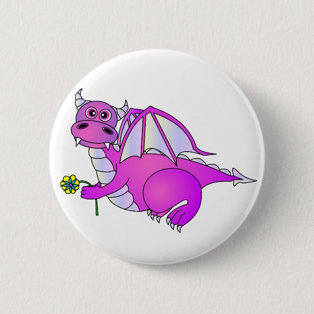 Süße Träume - niedlicher lila Drache mit Blume Button (Vorderseite)
