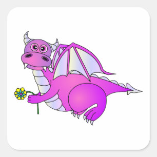 Süße Träume - niedlicher lila Drache mit Blume Quadratischer Aufkleber