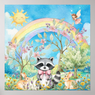 Süße Träume Regenbogen-Waschbär- und Kaninchen-Kin Poster