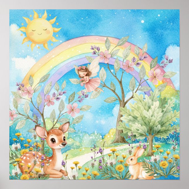 Süße Träume Regenbogenhirsch & Kaninchen-Kinderzim Poster (Vorne)