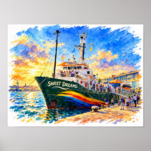 Süße Träume Wasserfarbe Hafen Schiff Poster