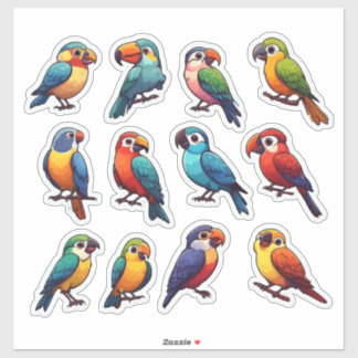 Süße tropische Papageien Farbige Cartoon-Vögel Aufkleber