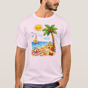 Süße tropische Strand-Sommerferien-Cartoon T-Shirt